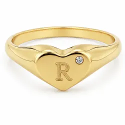 bogstav R zirkon ring i forgyldt messing