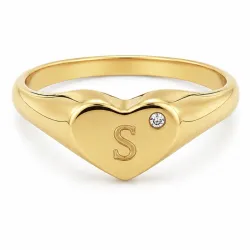 bogstav S zirkon ring i forgyldt messing