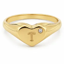 bogstav T zirkon ring i forgyldt messing - My Letter