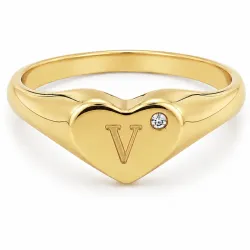 bogstav V zirkon ring i forgyldt messing