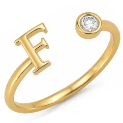 bogstav F zirkon ring i forgyldt messing