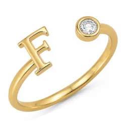 bogstav F zirkon ring i forgyldt messing