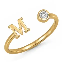 bogstav M zirkon ring i forgyldt messing
