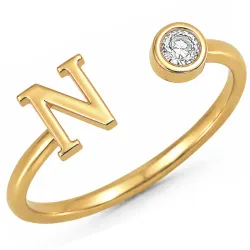 bogstav N zirkon ring i forgyldt messing