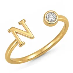 bogstav N zirkon ring i forgyldt messing