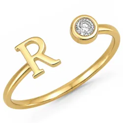 bogstav R zirkon ring i forgyldt messing