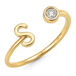 bogstav S zirkon ring i forgyldt messing - My Letter