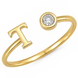bogstav T zirkon ring i forgyldt messing - My Letter