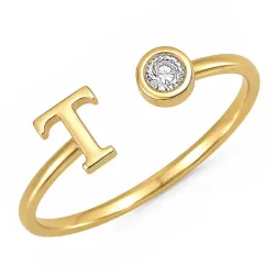 bogstav T zirkon ring i forgyldt messing