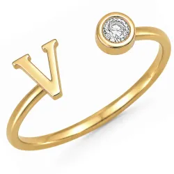 bogstav V zirkon ring i forgyldt messing