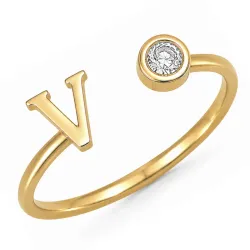 bogstav V zirkon ring i forgyldt messing