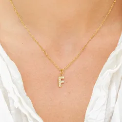 vandfast bogstav F zirkon Halskæde med vedhæng i forgyldt stål - OCEANA