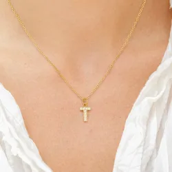 vandfast bogstav T zirkon Halskæde med vedhæng i forgyldt stål - OCEANA