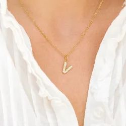 vandfast bogstav V zirkon Halskæde med vedhæng i forgyldt stål - OCEANA