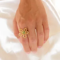 vandfast blomster grøn ring i forgyldt stål - OCEANA