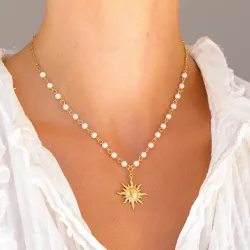 vandfast sol perle halskæde i forgyldt stål - OCEANA