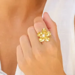 vandfast blomster ring i forgyldt stål - OCEANA