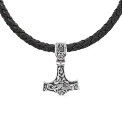 vandfast thors hammer halskæde i læder med vedhæng i stål - OCEANA
