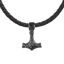 vandfast thors hammer halskæde i læder med vedhæng i sort stål - OCEANA