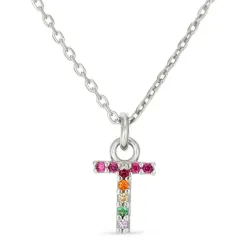 bogstav T multifarvet zirkon halskæde i sølv - My Letter