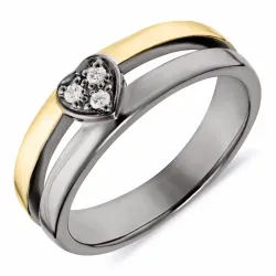 hjerte hvid zirkon ring i sort rhodineret sølv med forgyldt sølv